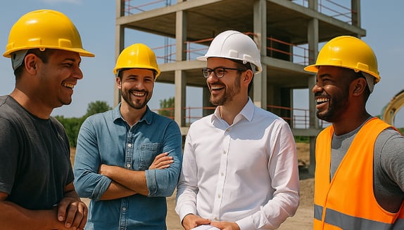 Construction team and project manager smiling together at a job site, representing small businesses that rely on steady cash flow to keep projects moving.
