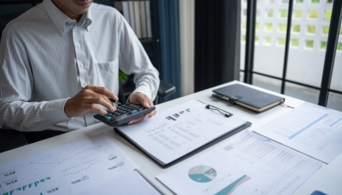 Business professional calculating expenses and reviewing financial statements
