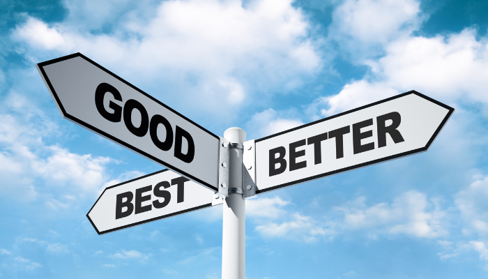 Signpost with arrows pointing to good, better, and best, illustrating how banks compare factoring companies to find the best long-term match for their clients.