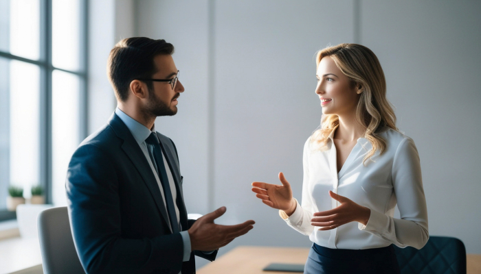 Two people discussing bills and expenses at a desk, representing common business costs that do not report to credit bureaus.