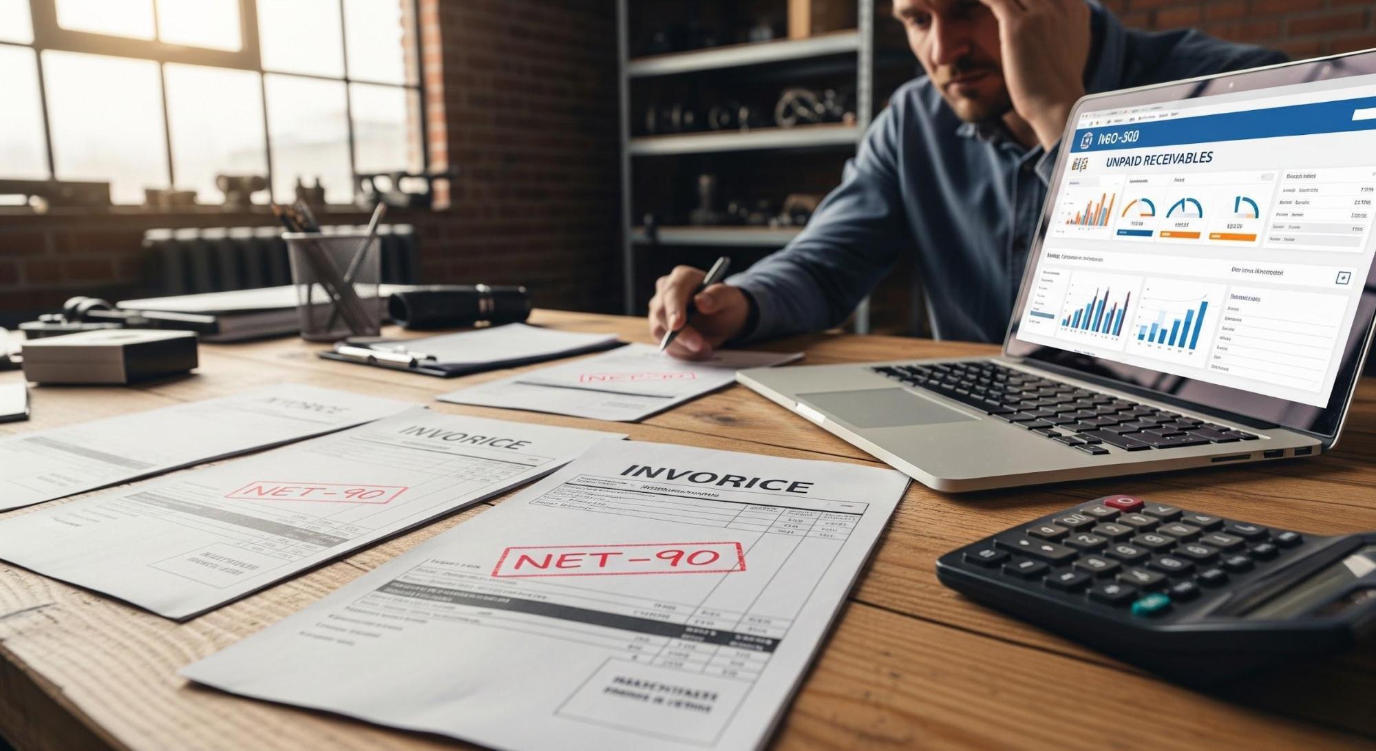 Stack of unpaid invoices and financial documents showing overdue payment notices and pending balances on a desk
