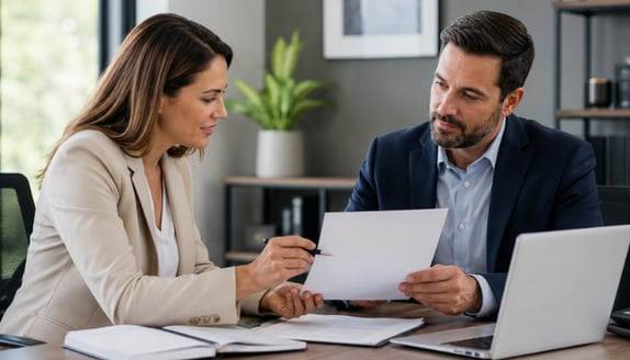 Two business professionals reviewing payment paperwork during a factoring-related discussion
