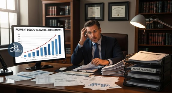 Stressed CFO analyzing unpaid invoices and cash flow challenges in a healthcare staffing agency."