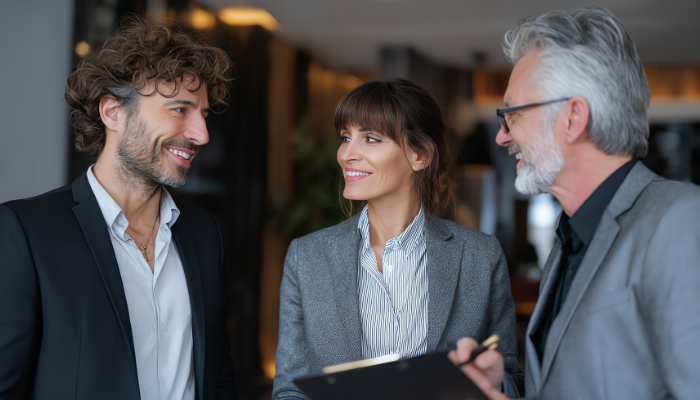 Three business professionals having a conversation during a meeting