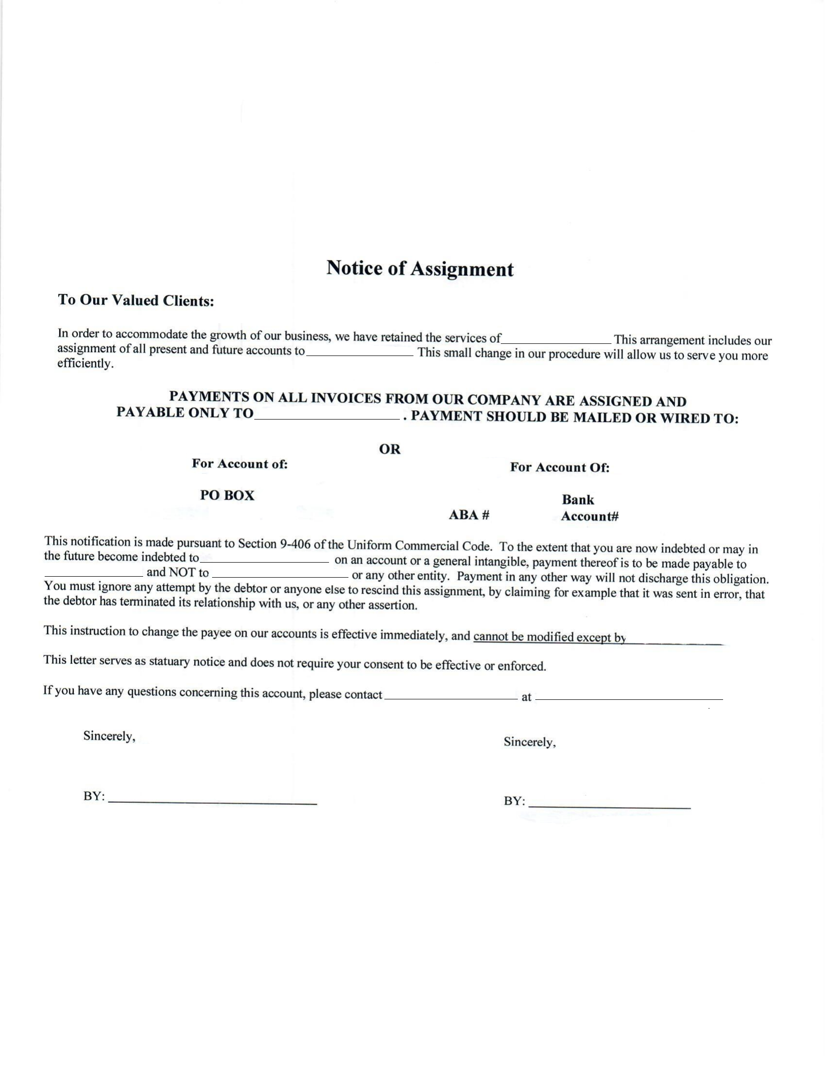 Sample Notice of Assignment directing invoice payments to a factoring company, with options for a mailing address or bank wire transfer
