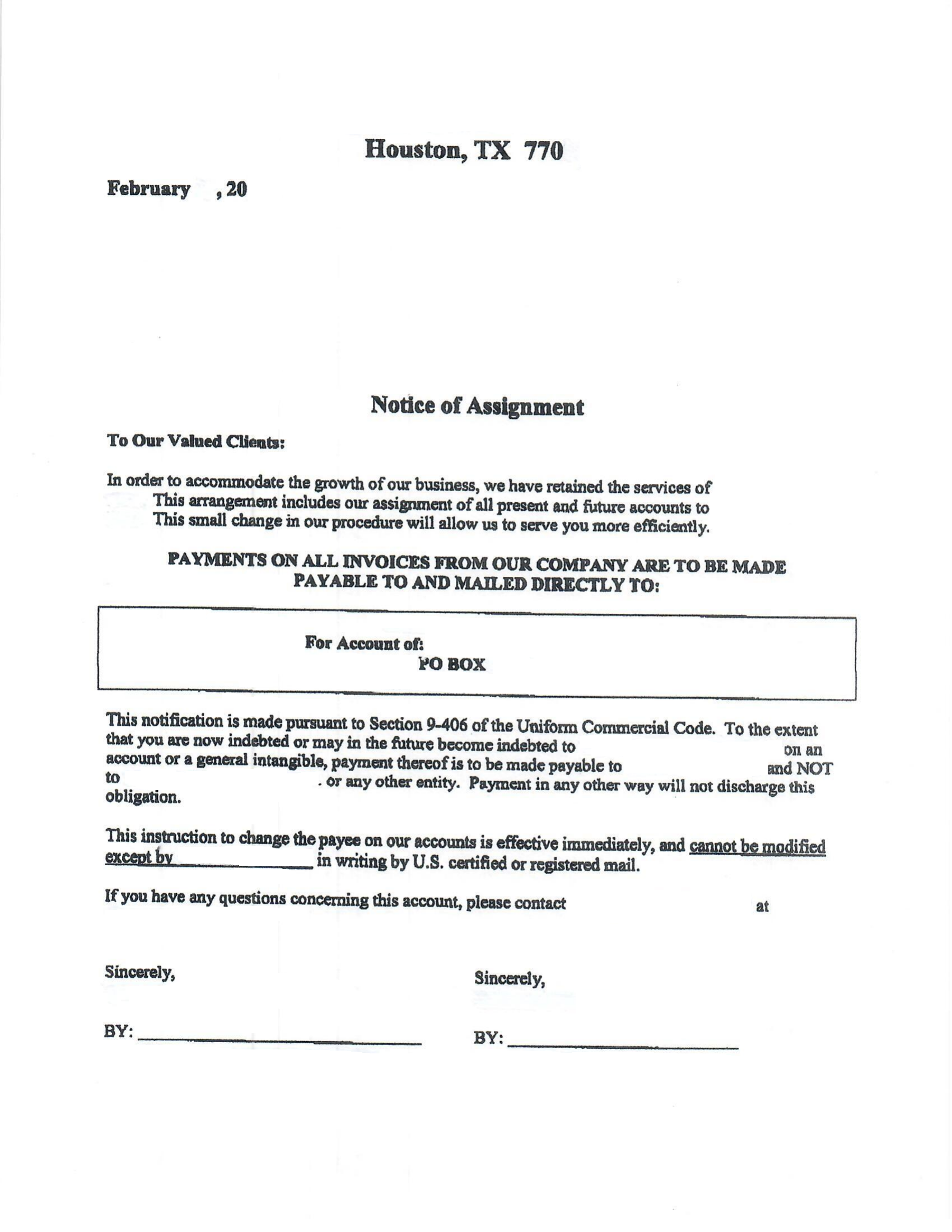Sample Notice of Assignment letter directing customers to mail invoice payments to a factoring company's PO Box