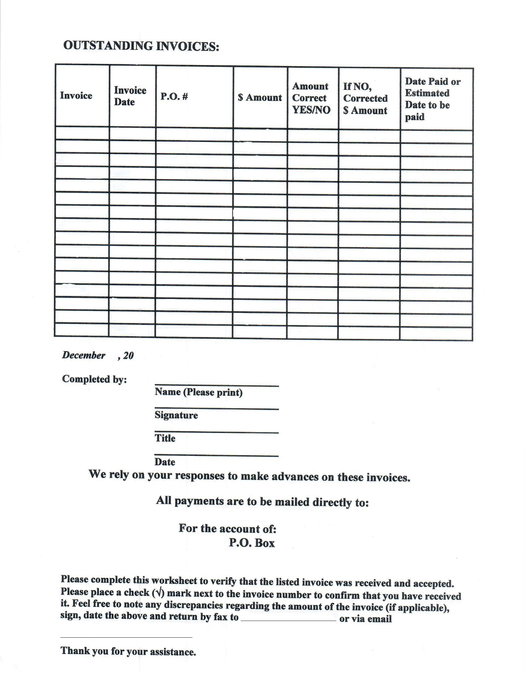 Sample invoice verification worksheet a factoring company uses to confirm outstanding invoice amounts and delivery status with a customer