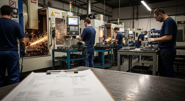 Machine shop workers operating industrial equipment and machining metal components in a busy manufacturing workshop