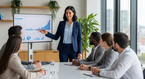 Happy team of employees smiling and celebrating in a modern office environment after successful business growth