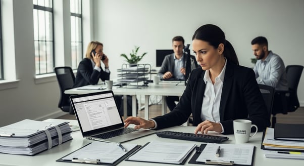 Clara, a small business owner, working on financial documents and reviewing invoices on her laptop in an office setting