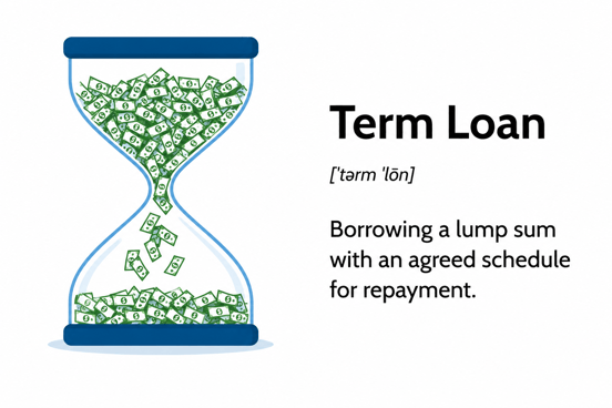 Term loan illustration showing a lump-sum borrowing arrangement with scheduled repayment, highlighting a staffing agency financing solution.