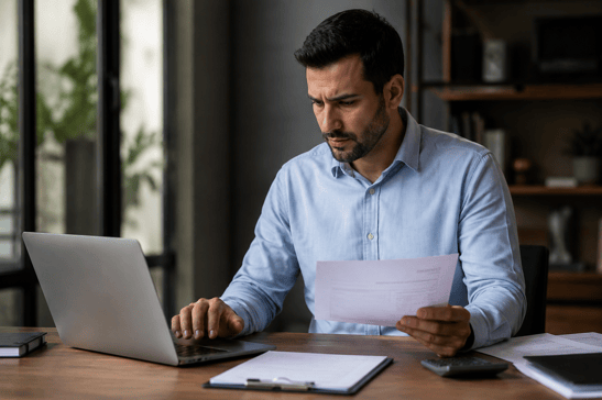 Business owner reviewing invoice documents and payment records while assessing customer payment delays, disputes, and default risks in an invoice factoring agreement.