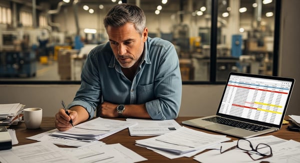 Manufacturer reviewing unpaid invoices and cash flow delays before using invoice factoring services.